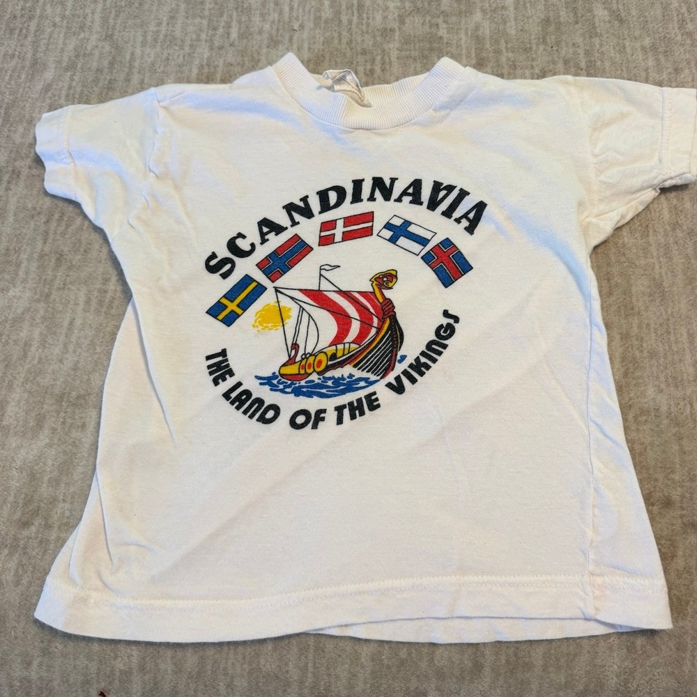 Vintage Scandinavia Land of the Vikings Kids T-Shirt White Graphic Tee Size 4‎
